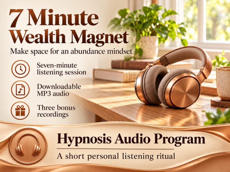 7 Minute Wealth Magnet banner with bronze headphones on a sunlit desk, introducing a seven-minute hypnosis audio program.
