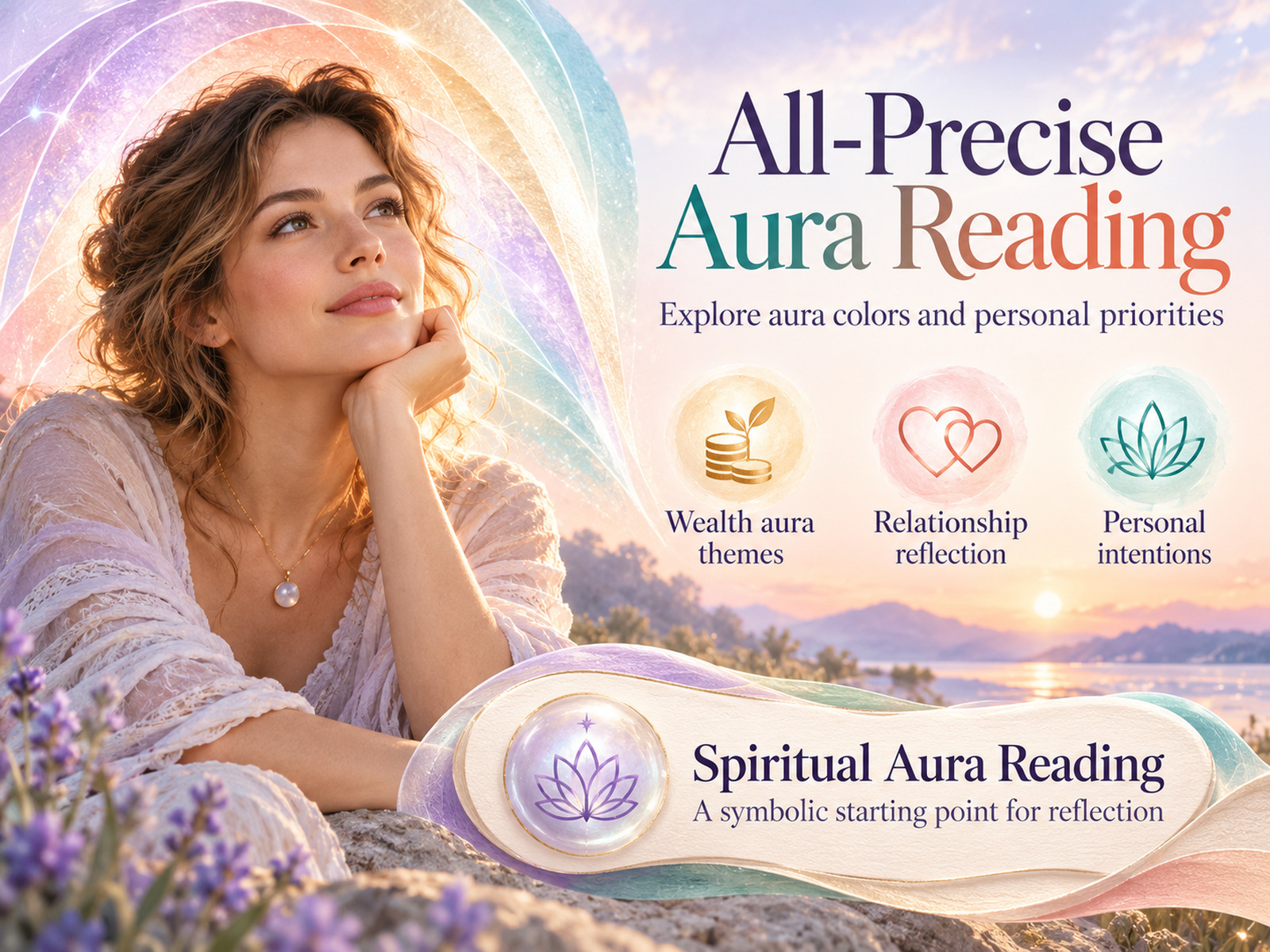 All-Precise Aura Reading banner with a woman framed by pastel rainbow light, introducing a spiritual reading on aura colors and priorities.