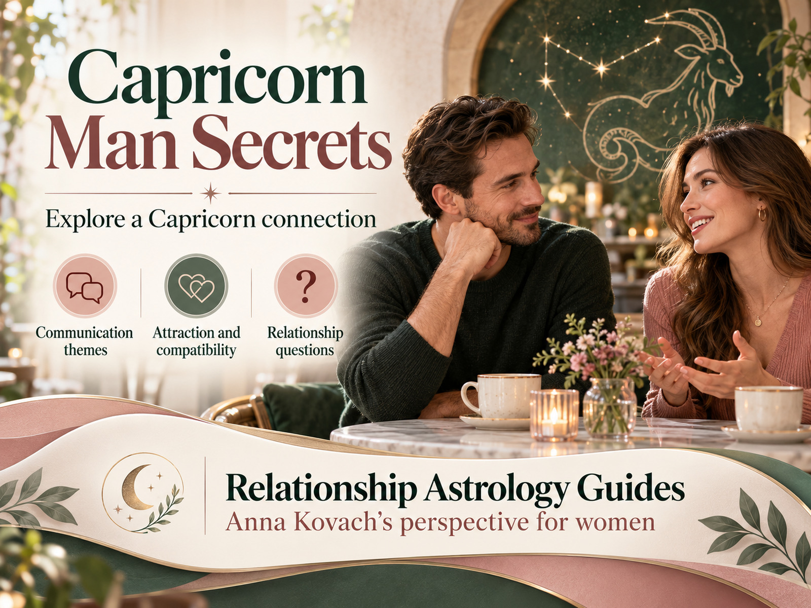 Capricorn Man Secrets banner with a couple talking in a cafe beneath a Capricorn constellation, introducing relationship astrology guides.
