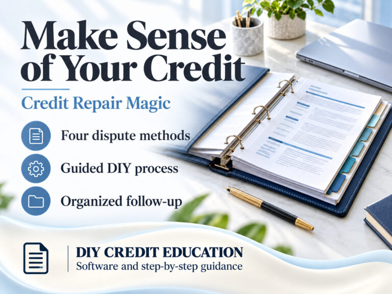 Credit Repair Magic banner with an organized document binder and pen on a bright desk, introducing software and DIY credit education.
