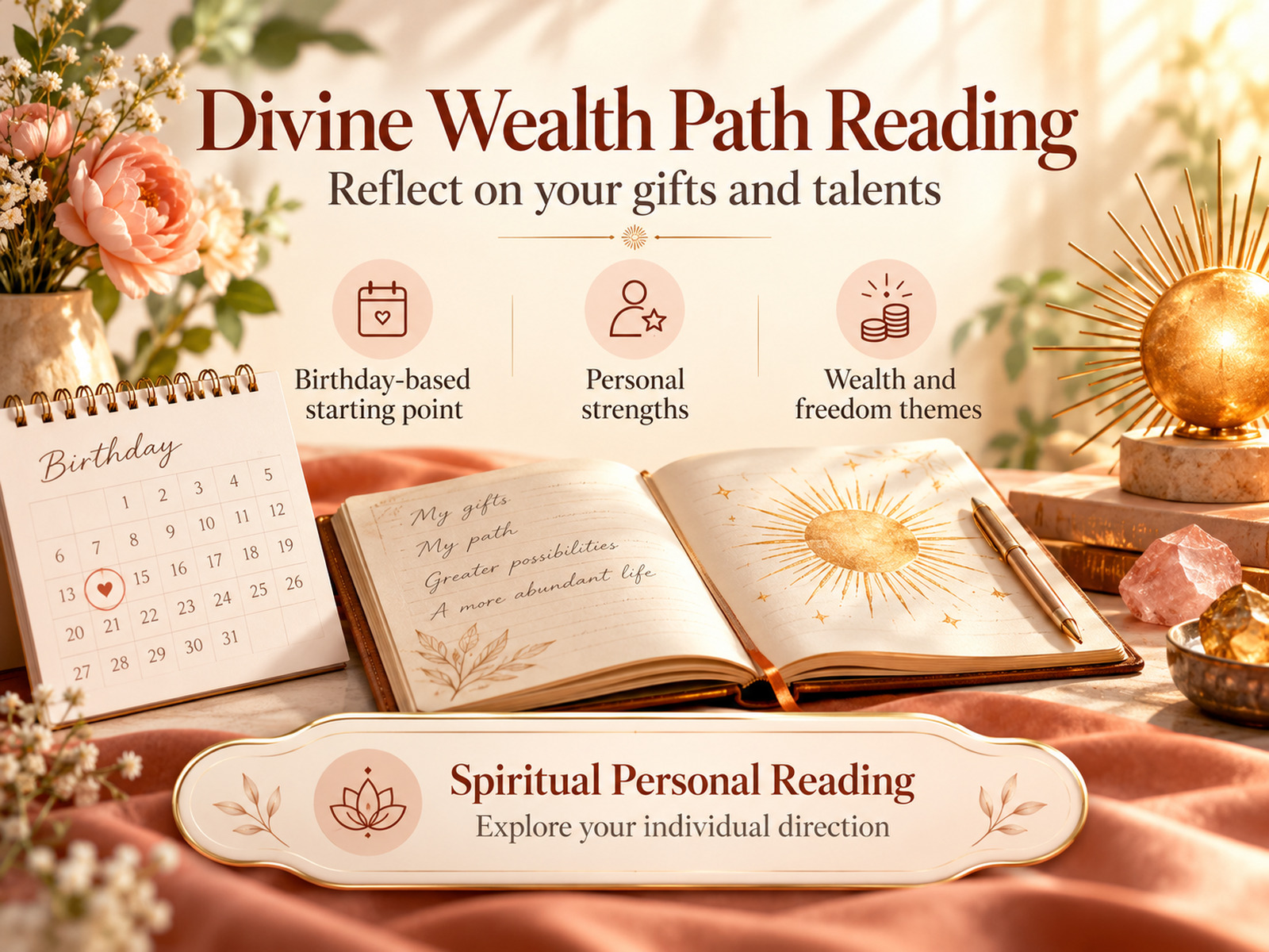 Divine Wealth Path Reading banner with an open journal, birthday calendar and sun ornament, introducing a spiritual personal reading.