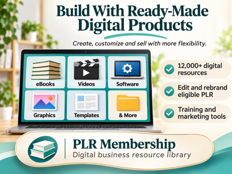PLR membership banner showing a laptop with six digital resource categories: eBooks, videos, software, graphics, templates and more.