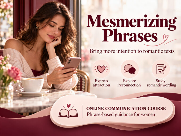 Mesmerizing Phrases banner with a woman reading her phone at a cafe table, introducing an online course on romantic communication.