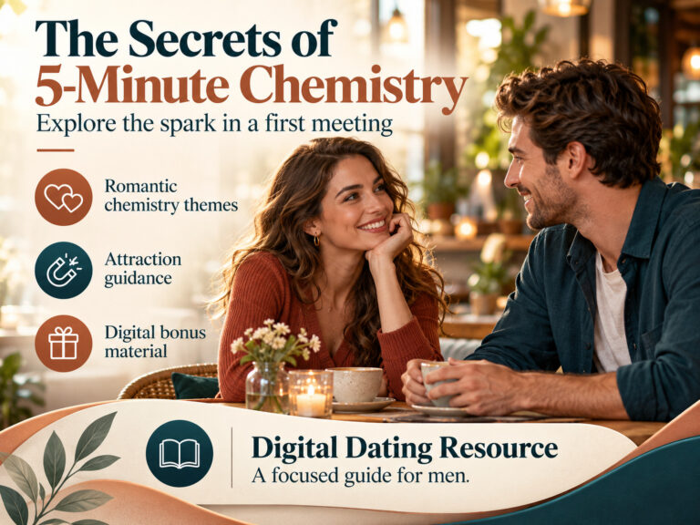 The Secrets of 5-Minute Chemistry banner with a couple smiling across a cafe table, introducing a digital dating resource for men.
