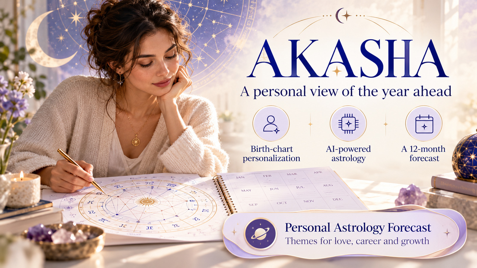 AKASHA astrology banner with a woman reviewing a zodiac chart and calendar, highlighting a personalized 12-month forecast.