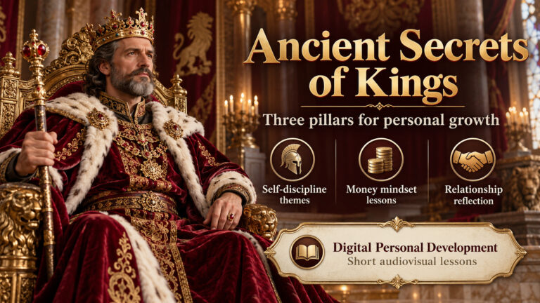 Ancient Secrets of Kings banner with a crowned king in burgundy robes, introducing lessons on discipline, money mindset and relationships