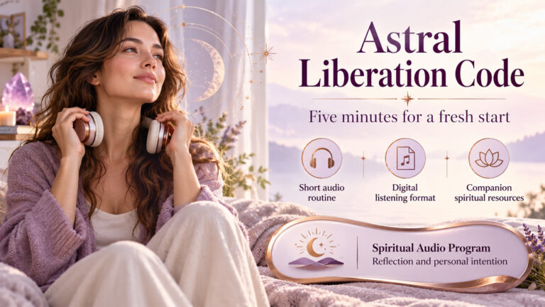 Astral Liberation Code banner with a woman holding headphones in a lavender room, introducing a five-minute spiritual audio routine