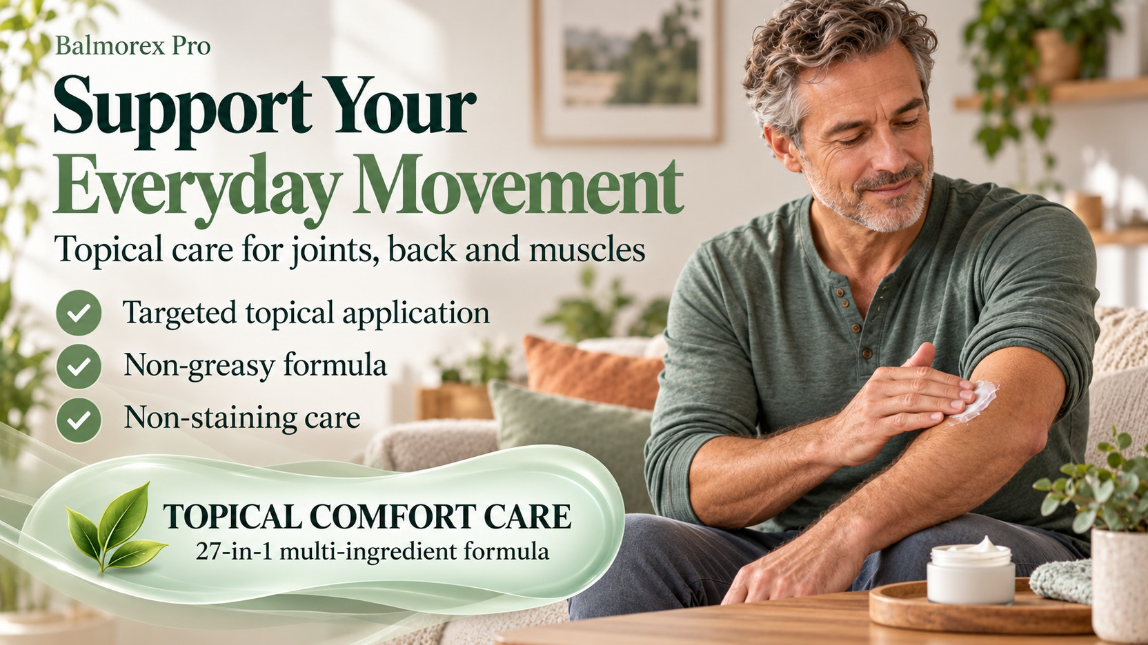 Balmorex Pro banner with a man applying cream to his upper arm, presenting topical care for joints, back and muscles.
