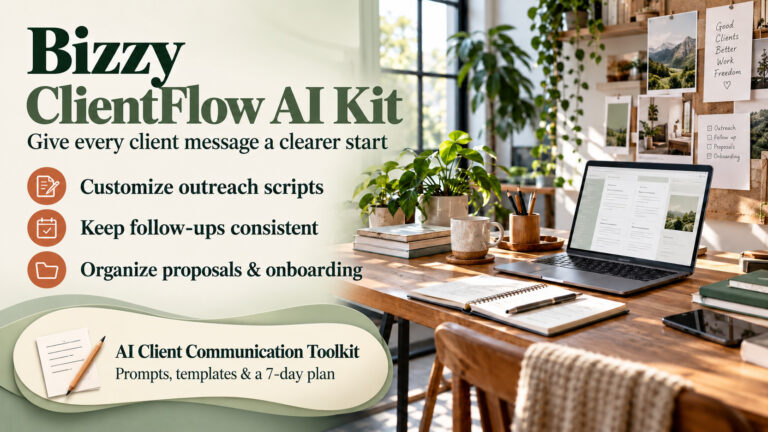 Bizzy ClientFlow AI Kit banner with a bright home-office desk and laptop, introducing templates for outreach, follow-ups and onboarding.