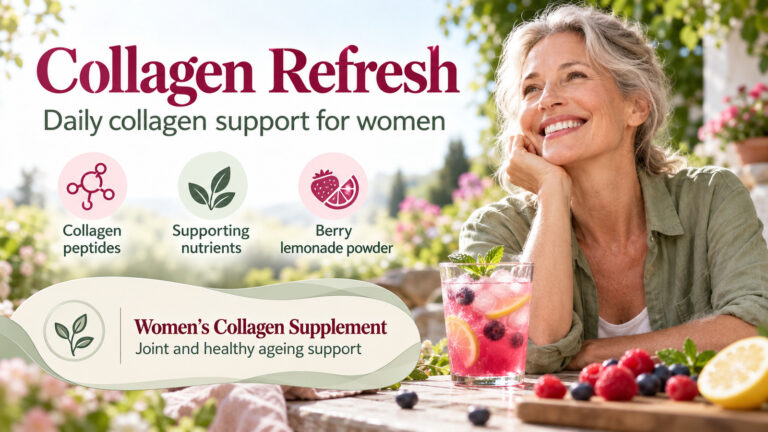 Collagen Refresh banner with a smiling mature woman and a pink berry drink, presenting daily collagen support for women