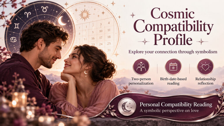 Cosmic Compatibility Profile banner with a couple beneath zodiac and calendar symbols, introducing a personalized relationship reading.