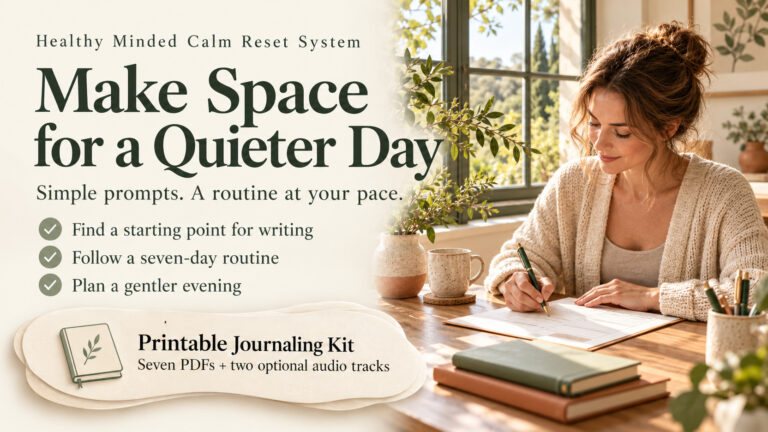 Healthy Minded Calm Reset System banner with a woman writing beside a sunny window, introducing a printable seven-day journaling kit.