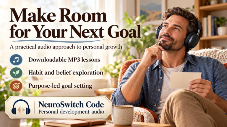 NeuroSwitch Code banner with a man wearing headphones and holding a notebook, introducing audio lessons on habits, beliefs and goals.
