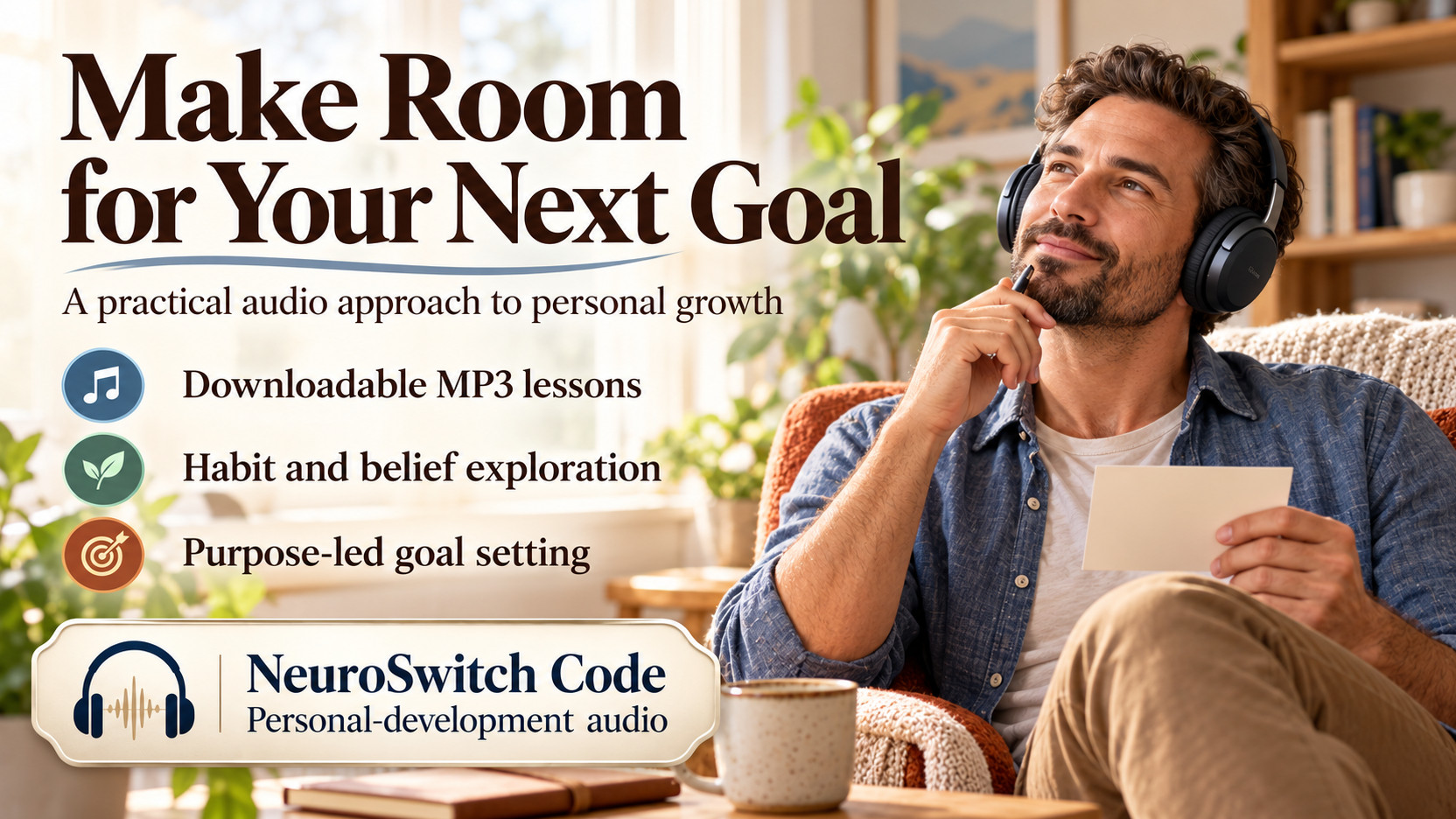 NeuroSwitch Code banner with a man wearing headphones and holding a notebook, introducing audio lessons on habits, beliefs and goals.