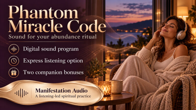 Phantom Miracle Code banner with a woman relaxing in headphones at sunset, introducing manifestation audio and companion resources