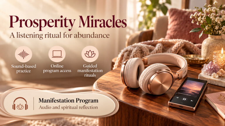 Prosperity Miracles banner with rose-gold headphones and an audio player on a wooden table, introducing a manifestation listening ritual.