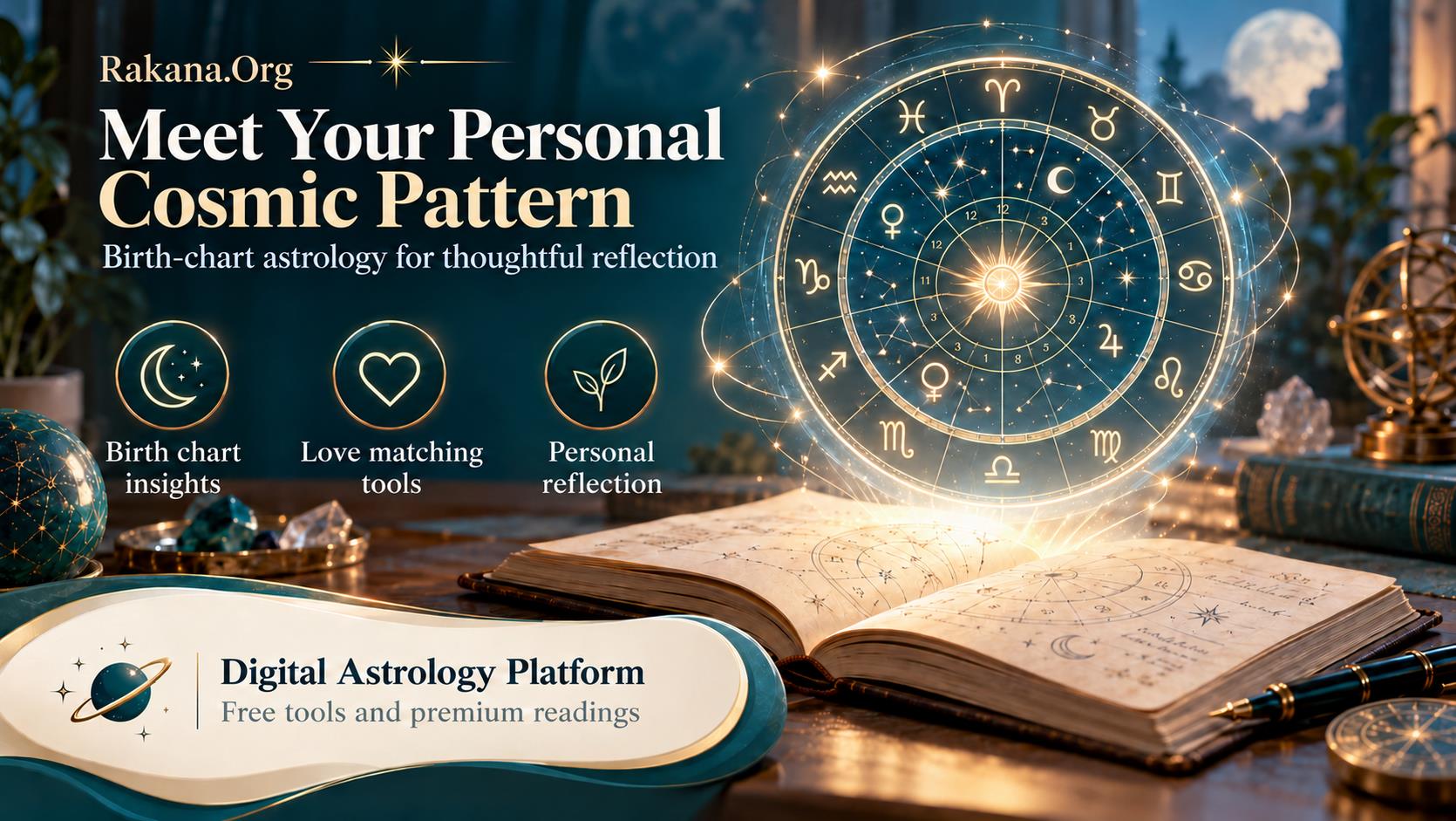 Rakana.Org banner with an open astrology book and a glowing zodiac wheel, introducing birth charts, love matching and personal reflection.