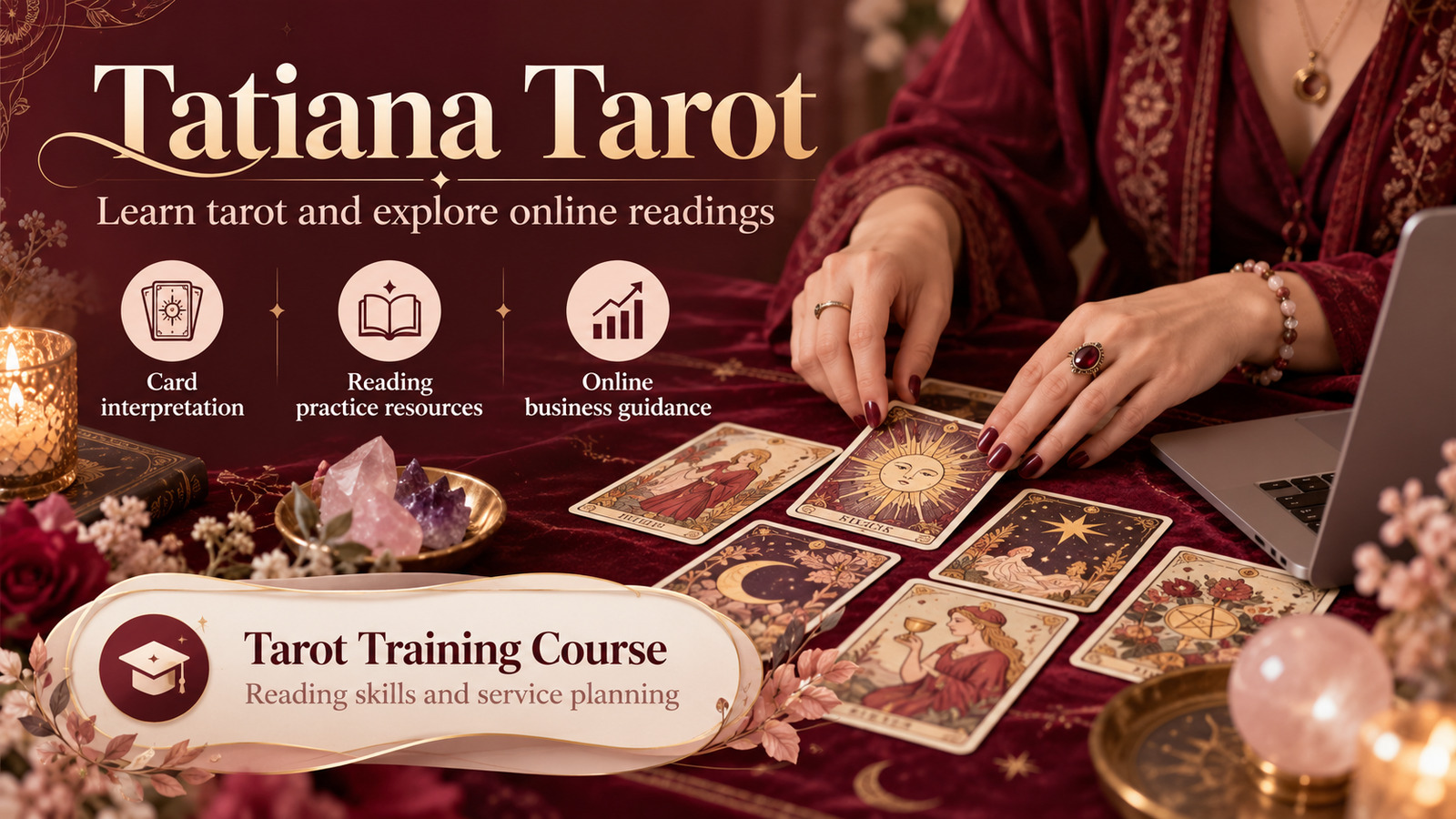 Tatiana Tarot banner with hands arranging tarot cards beside a laptop, introducing card-reading practice and online business guidance.