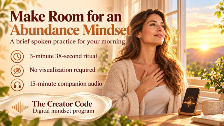 The Creator Code banner with a woman resting a hand on her chest beside a sunrise window, introducing a brief spoken mindset ritual.