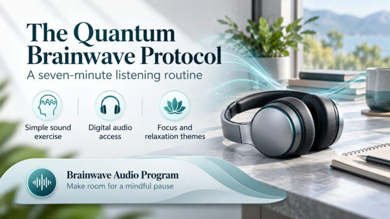 The Quantum Brainwave Protocol banner with headphones and flowing sound-wave graphics on a desk, introducing a seven-minute audio routine.