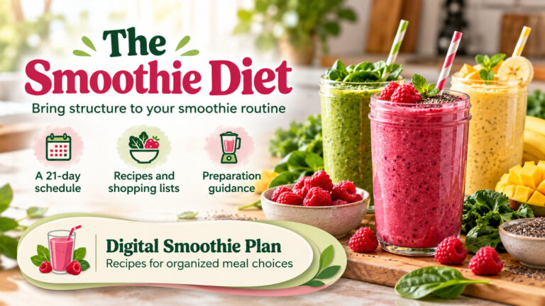 The Smoothie Diet: A 21-Day Smoothie Plan for Weight Loss The Smoothie Diet banner with pink, green and yellow smoothies and fresh ingredients, introducing a digital 21-day smoothie plan.