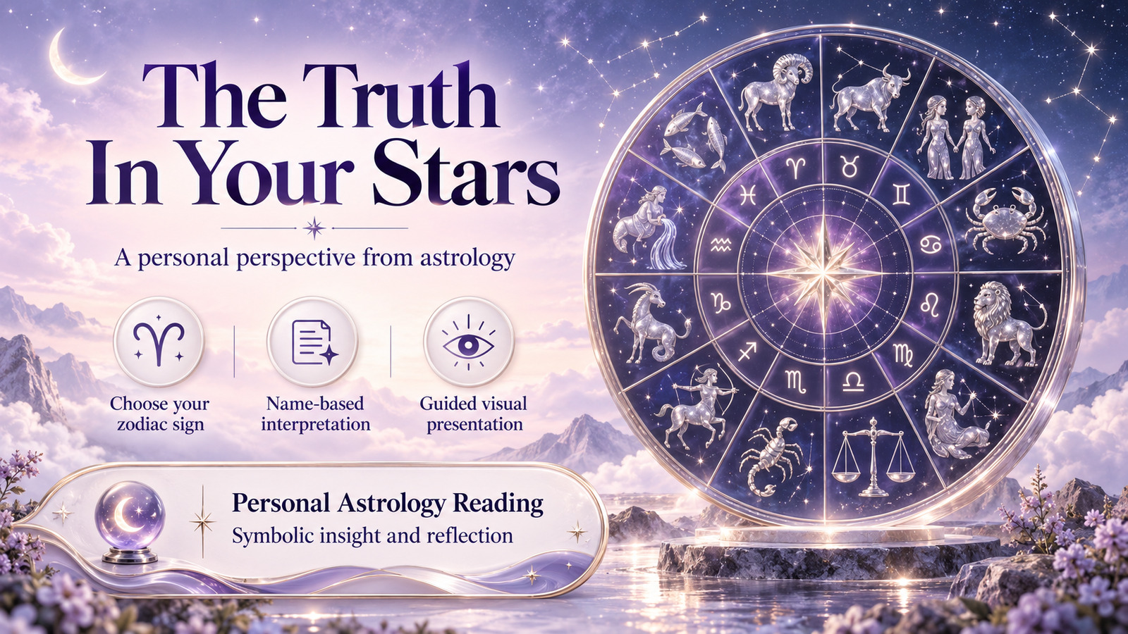 The Truth In Your Stars banner with a luminous zodiac wheel above a lavender mountain lake, introducing a personal astrology reading.