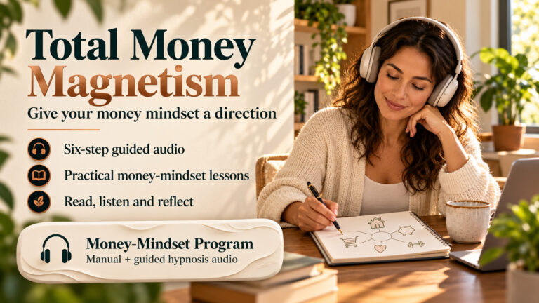 Total Money Magnetism banner with a woman listening through headphones and writing in a notebook, introducing guided money-mindset lessons.