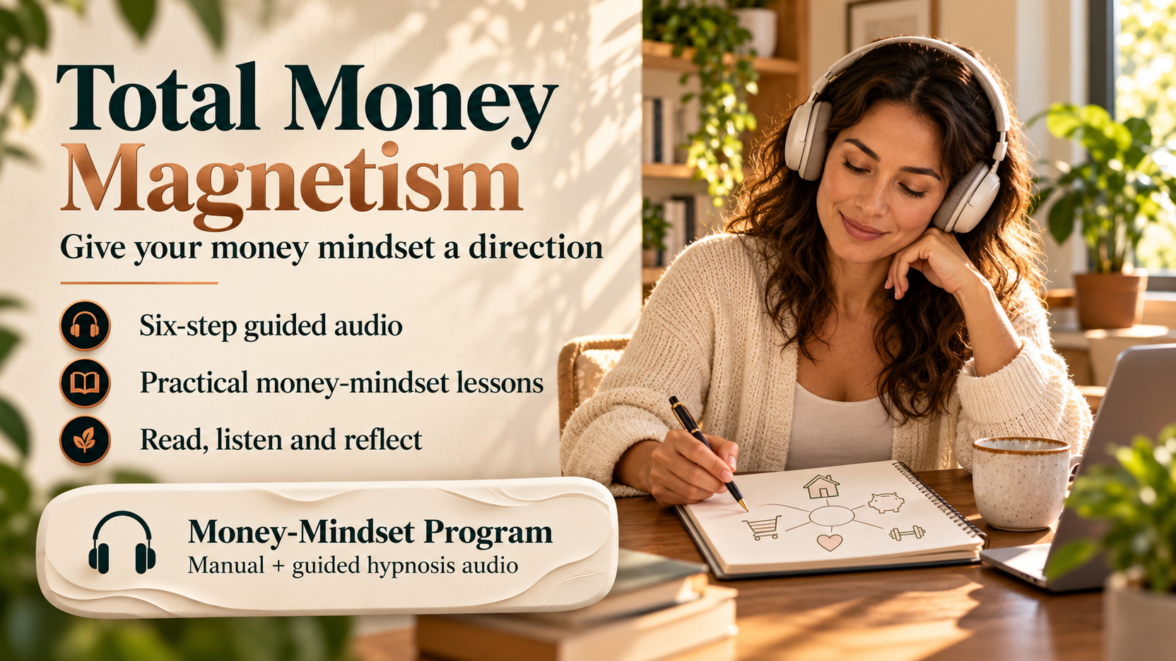 Total Money Magnetism banner with a woman listening through headphones and writing in a notebook, introducing guided money-mindset lessons.