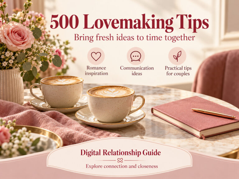500 Lovemaking Tips banner with two coffees, roses and a notebook on a cafe table, introducing a digital relationship guide for couples.