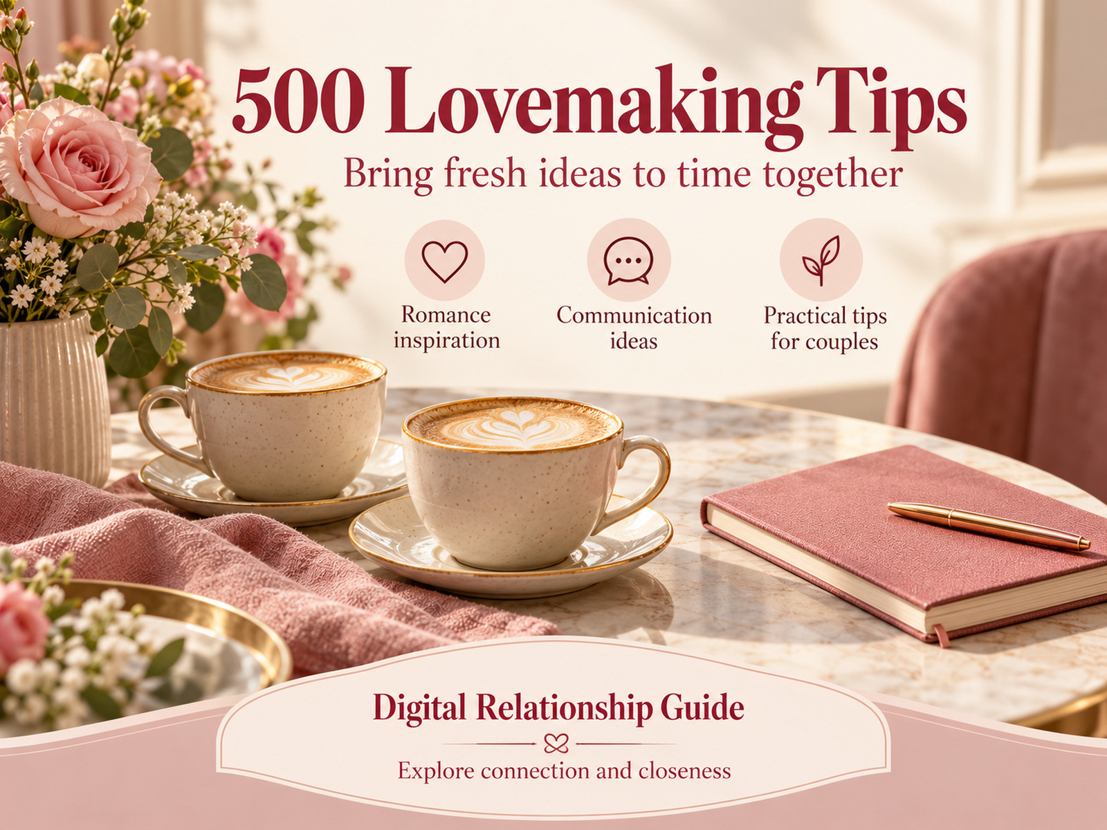 500 Lovemaking Tips banner with two coffees, roses and a notebook on a cafe table, introducing a digital relationship guide for couples.