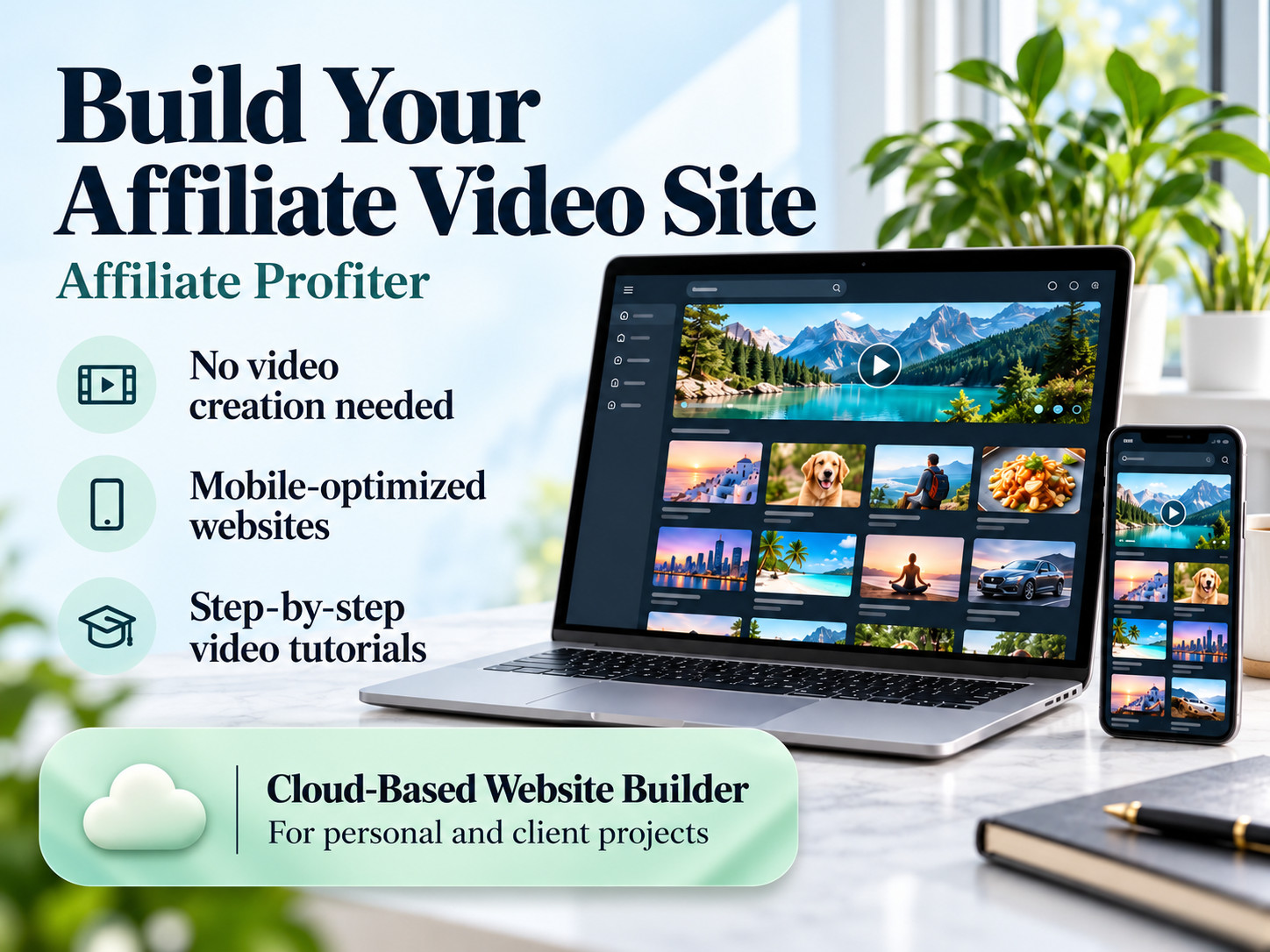 Affiliate Profiter banner with a video website shown on a laptop and phone, presenting a cloud-based affiliate website builder.