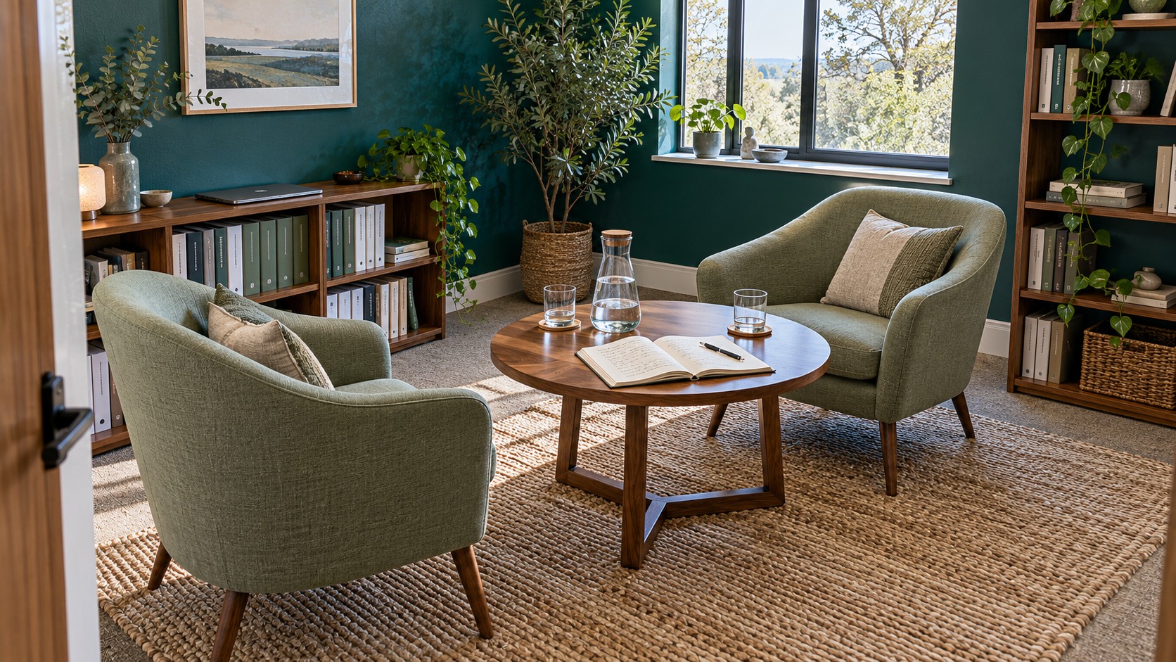 Two sage armchairs around a walnut table with an open notebook, pen, water carafe and glasses in a teal consultation room.