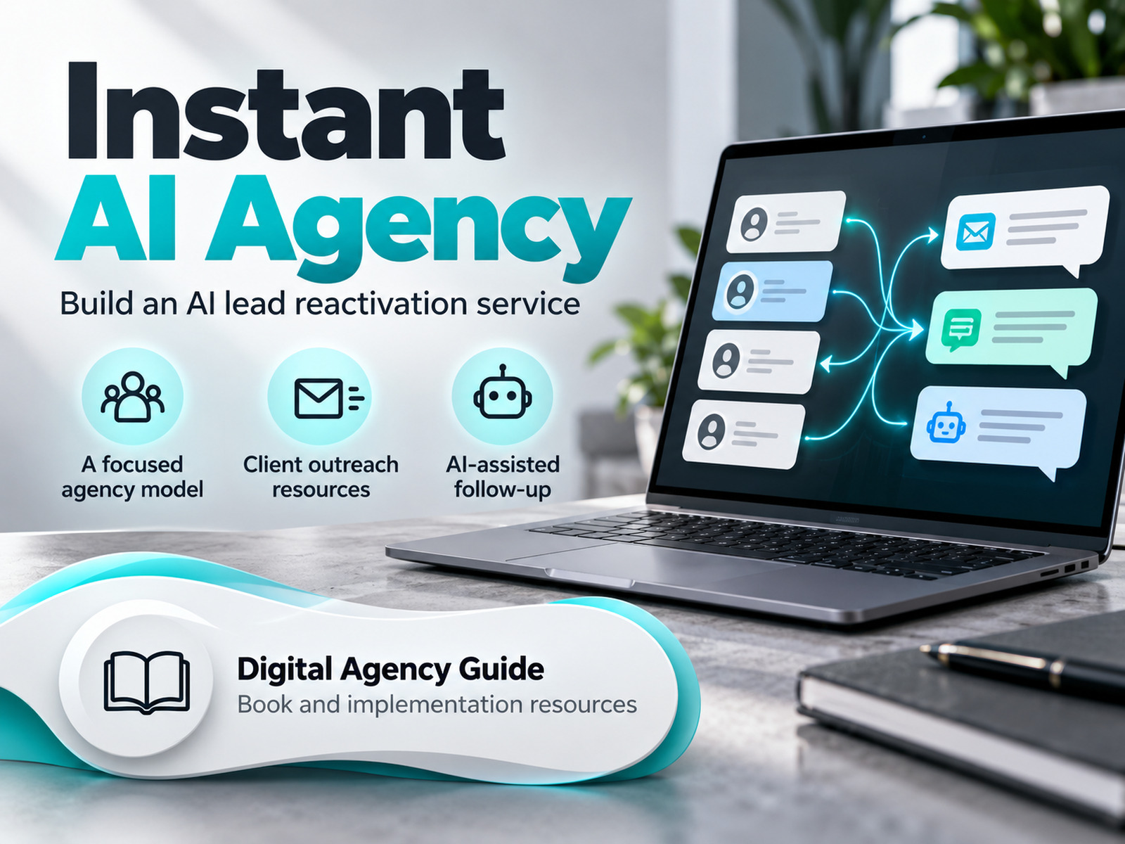 Instant AI Agency banner with a laptop displaying an automated message workflow, introducing a guide to an AI lead reactivation service.