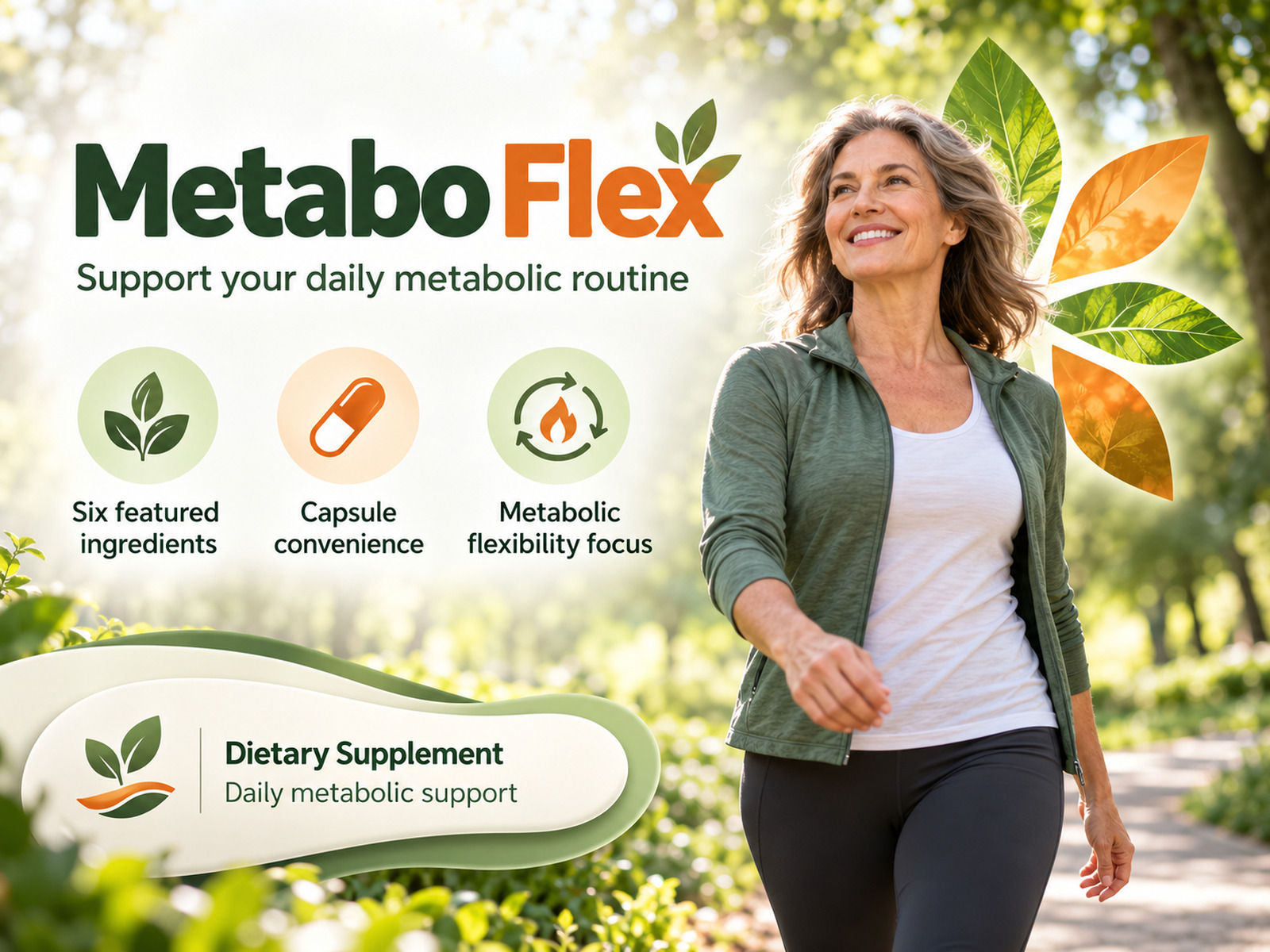Metabo Flex banner with a smiling woman walking in a sunny park beside leaf graphics, presenting a metabolic support supplement.