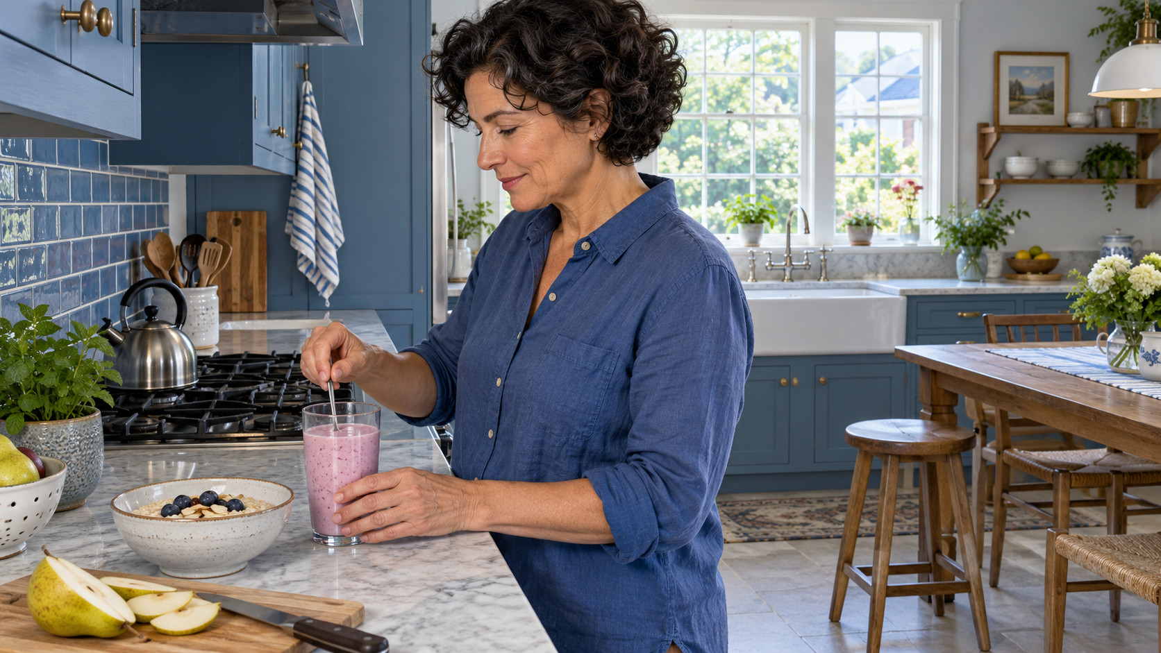 Woman stirring a pink drink beside oatmeal and sliced pear in a blue kitchen.
