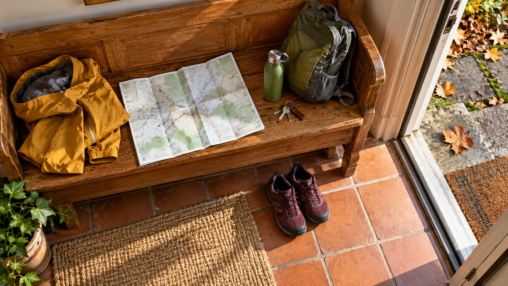 Walking shoes, a yellow rain jacket, route map, water bottle and backpack arranged by an open doorway.