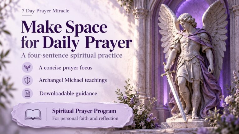 7 Day Prayer Miracle banner with an Archangel Michael statue, three program features and a lavender spiritual prayer program panel