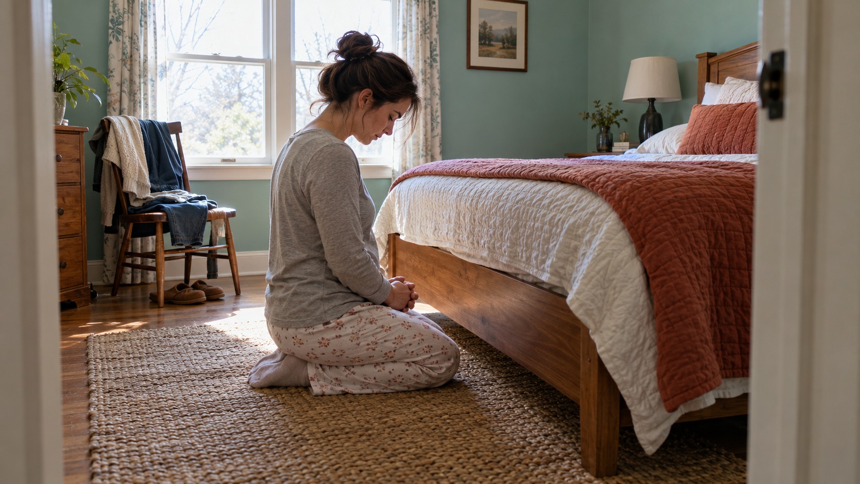 Woman kneeling in prayer beside a wooden bed in a teal bedroom lit by morning daylight.