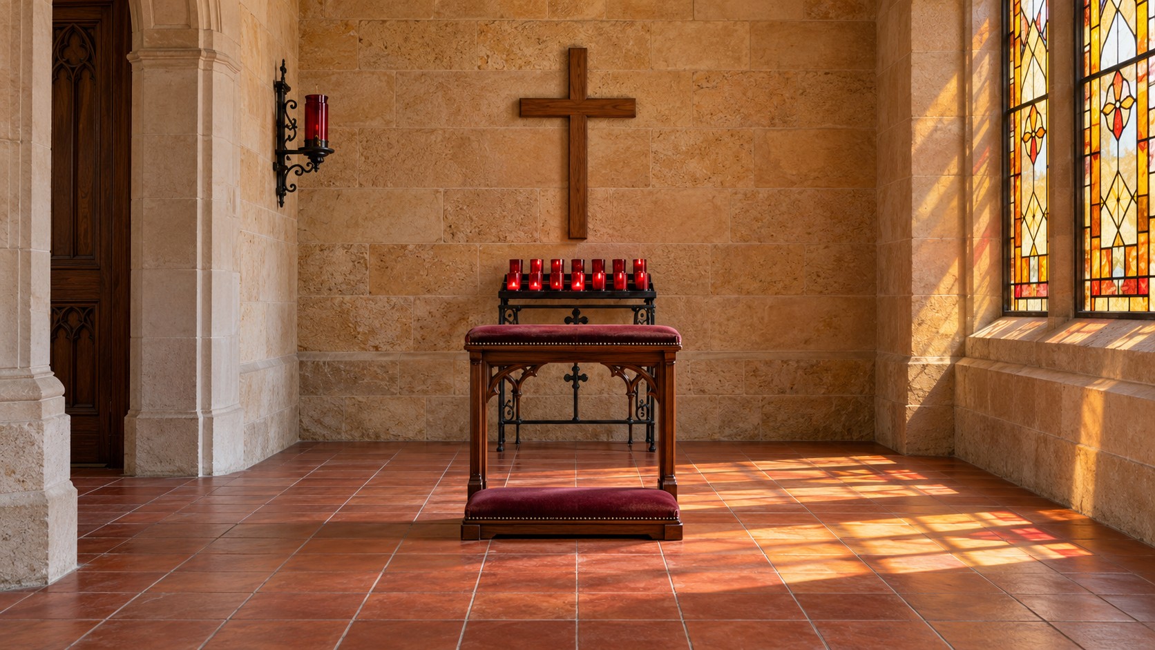 Empty stone chapel with a wooden cross, red votive candles, a burgundy prayer kneeler and amber stained-glass windows.