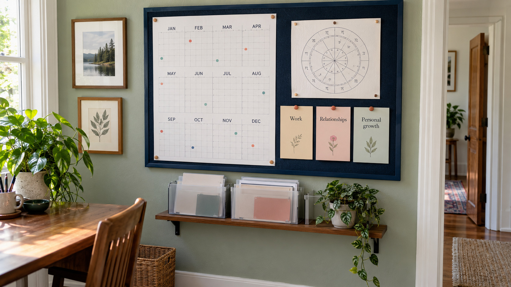Annual calendar with colour-coded personal priorities and a small generic birth-chart printout.