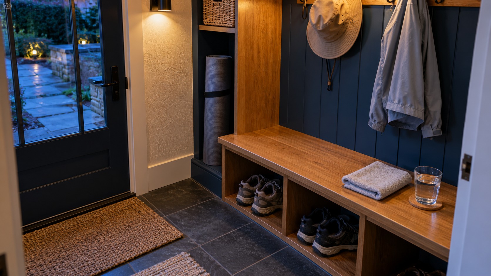 People-free home entryway with walking shoes beneath an oak bench, a folded towel, water glass, exercise mat, hat and jacket.