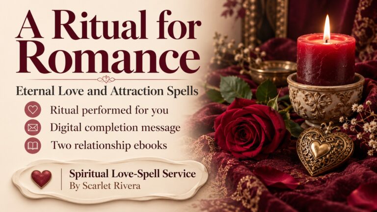 Eternal Love and Attraction Spells banner with a red candle, rose and brass heart beside three service features