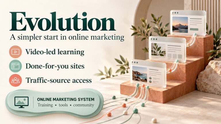 Evolution promotional banner featuring video-led learning, done-for-you sites and traffic-source access beside connected website cards