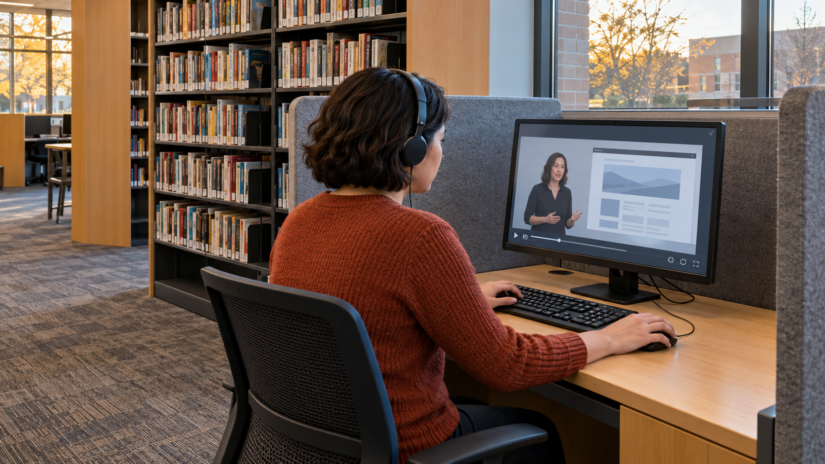 Woman wearing headphones follows a video lesson on a desktop computer in a library learning alcove.