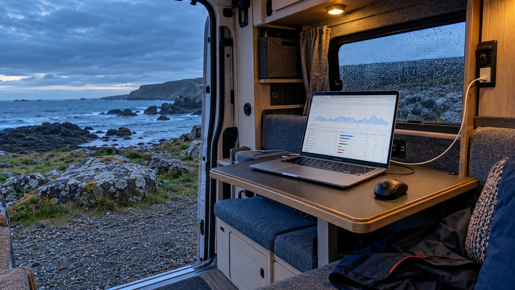 Laptop showing a generic website traffic chart on a fold-out camper table beside a rainy coastal window.