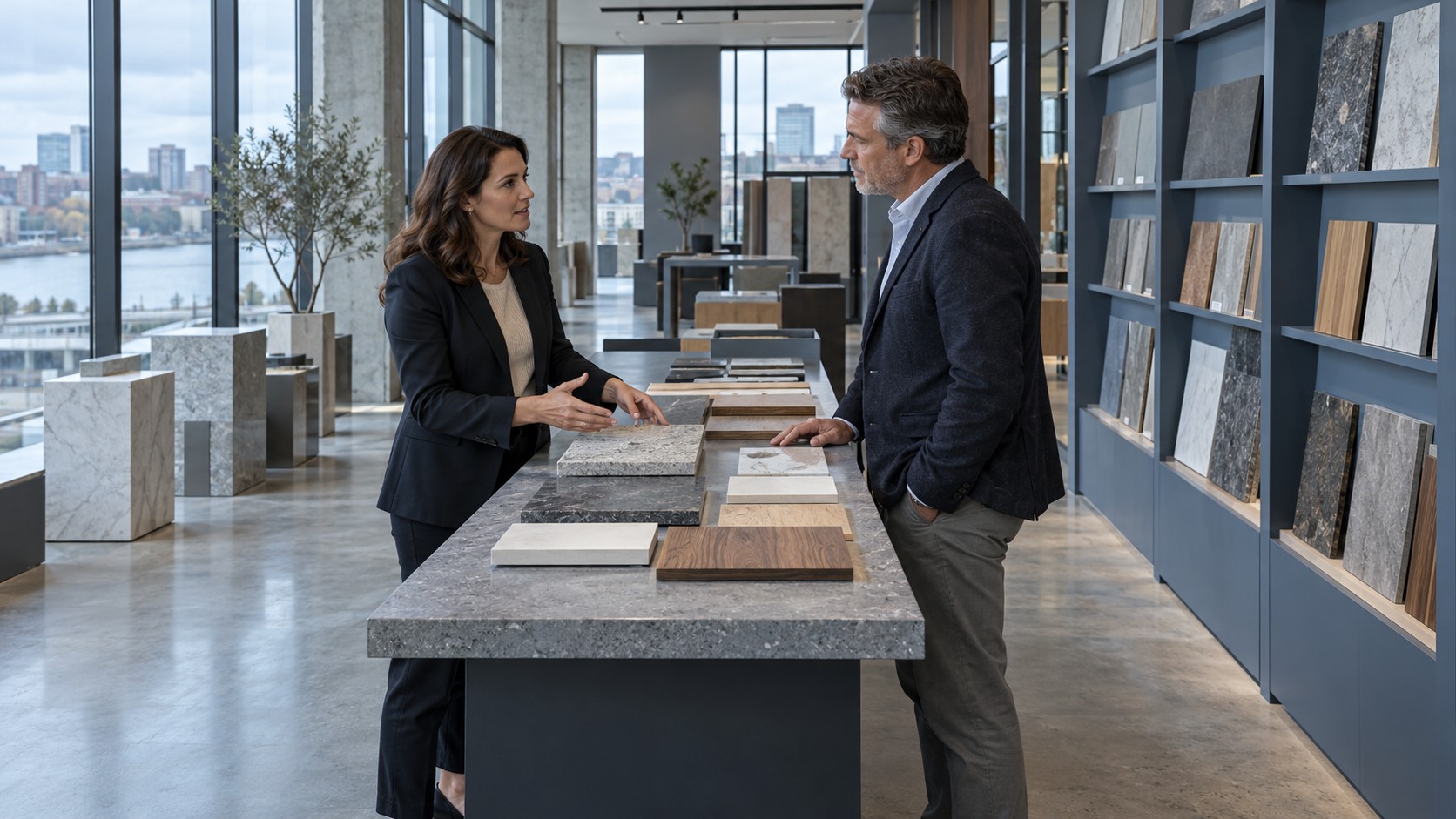 A woman discussing material samples with a colleague in a bright architectural showroom.