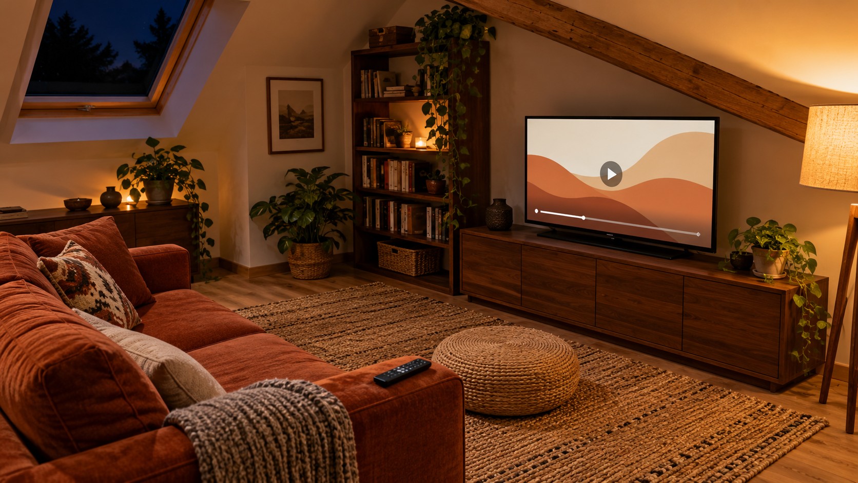 A warm attic media room with a television displaying an unbranded paused video player.