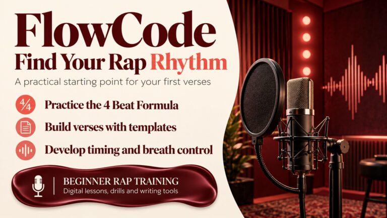 FlowCode promotional banner with a studio microphone, three training benefits and a sculpted burgundy information panel.