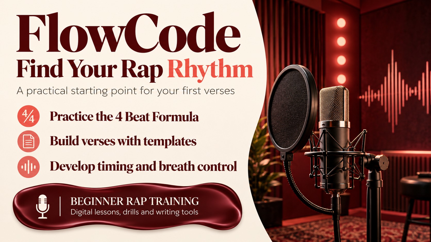 FlowCode promotional banner with a studio microphone, three training benefits and a sculpted burgundy information panel.