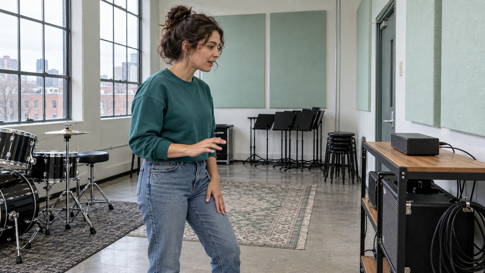 Woman practising rap delivery and keeping time in a bright music rehearsal room.